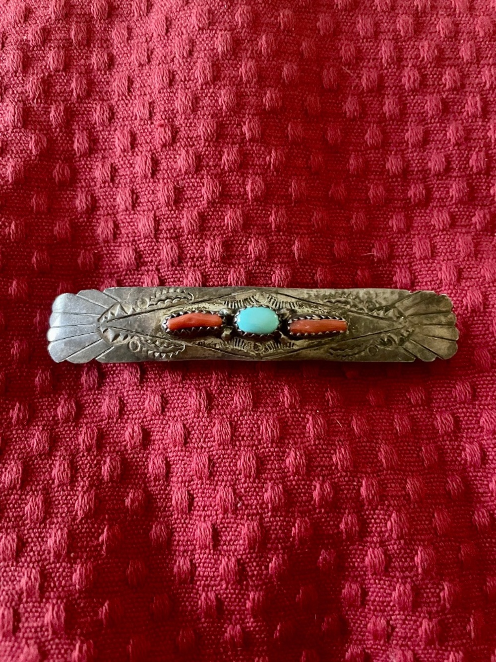 Vintage Native American Turquoise and Coral Sterling Silver Hair Clip
